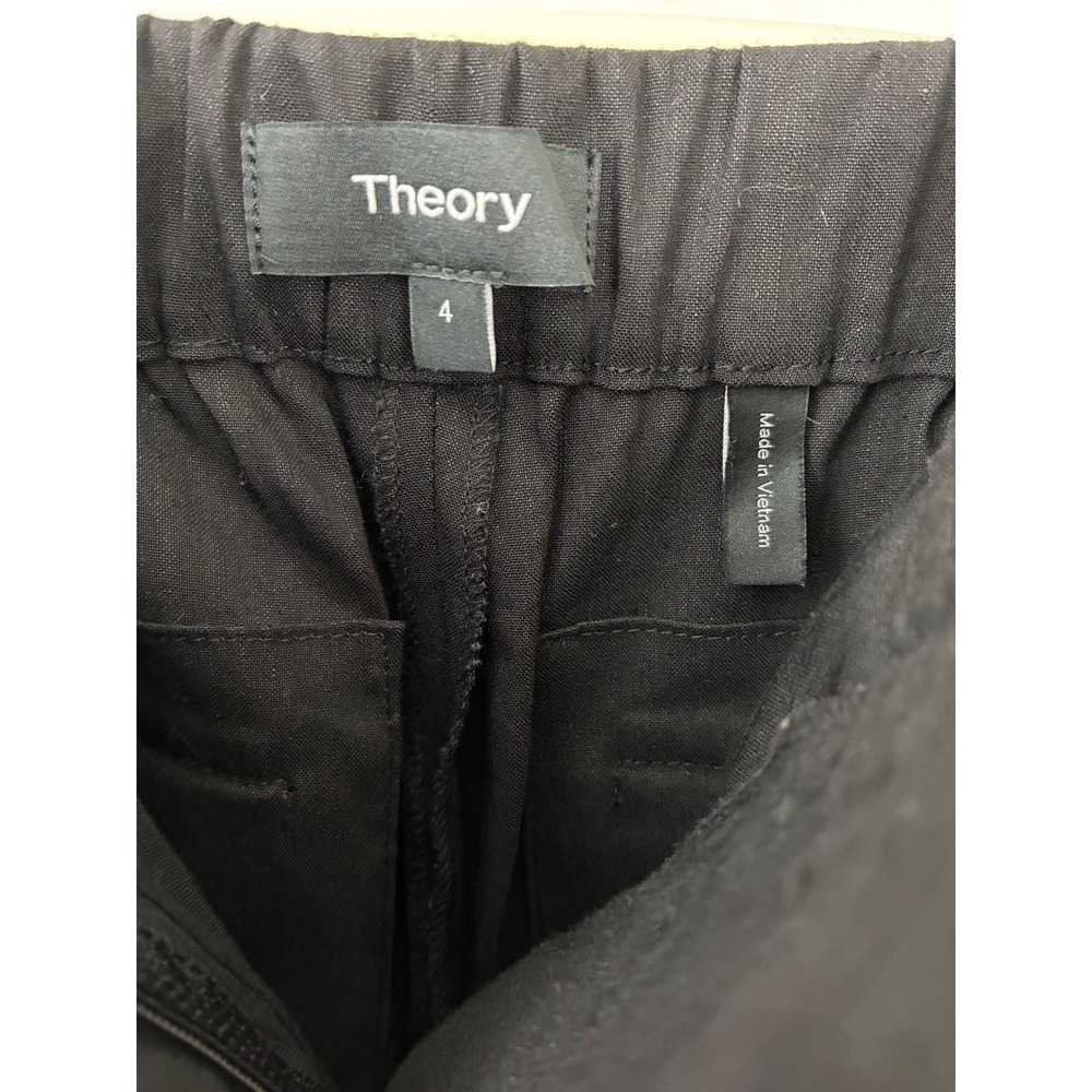 Theory Fluid Pant Women 4 Blk Linen Blend Wide Leg Caliver Preppy Trousers Low - Picture 4 of 10